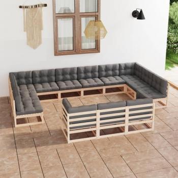 Conjunto de muebles de jardín 13 piezas con cojines de madera maciza de pino