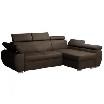 Sofá rinconero Columbus 132, marrón, con función de descanso y caja de ropa de cama, dimensiones 255 x 170 x 85 cm