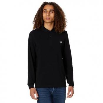 Fred Perry Men's Long Sleeve Plain Polo Shirt in Black/Chrome, Size Small