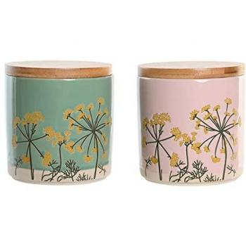 Bote DKD Home Decor 11,5 x 11,5 x 12 cm Floral Rosa Verde Bambú Gres Shabby Chic (2 Unidades)