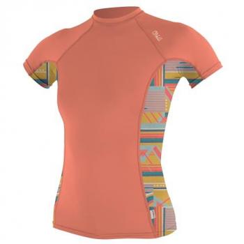 Camiseta de manga corta para mujer O'Neill Side Print Rash Guard, coral quemado, Arta Geo, elástico en 4 direcciones, costuras planas, tamaño S