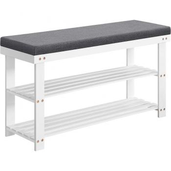 Banco Zapatero de Bambú Blanco de 2 Niveles con Acolchado Gris, Organizador Estable para Zapatos, Soporta hasta 136 kg, Ideal para Entrada y Sala de Estar