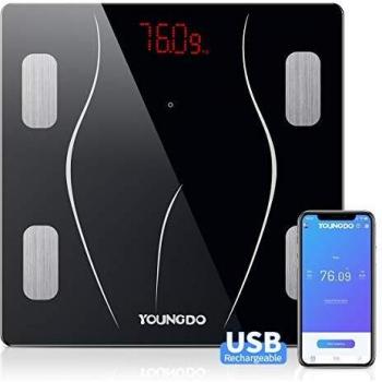 YOUNGDO Báscula Grasa Corporal Digital Inteligente BMI Bluetooth de Alta Precisión, 23 Funciones, Monitor de Composición de Peso Corporal, Precisión 0.1 kg