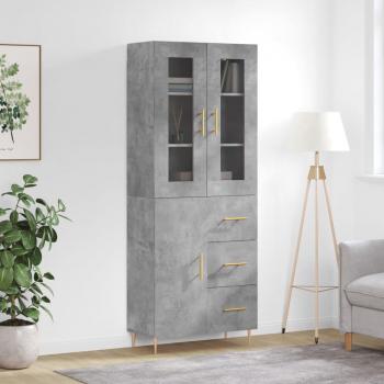 Aparador alto de madera contrachapada gris hormigón 69,5x34x180 cm con 1 puerta y 3 cajones, mueble de almacenaje para salón, buffet y armario auxiliar