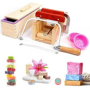 UHAPEER Juego de Herramientas para Cortar Jabón, Handmade Soap DIY Tools, Rectangular Caja y Tapa de Madera con Molde de silicona para pan de jabón, Cortador de jabón recto