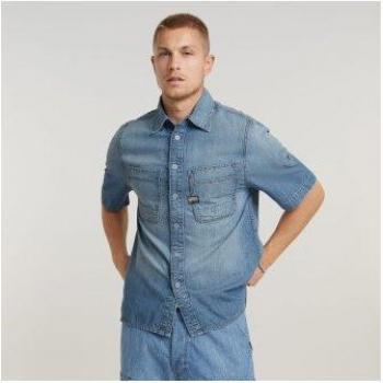Camisa de manga corta G-Star Slanted Double Regular azul con bolsillo