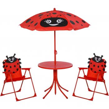 Mesa y Sillas Infantil de Jardín Conjunto de Picnic Plegable con Sombrilla Ajustable - Rojo