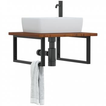 Estante de lavabo de pared de acero y madera maciza de roble marrón vidaXL