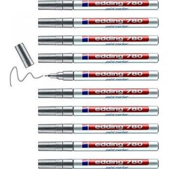 edding 780 marcador de tinta opaca - plata - 10 rotuladores - punta redonda 0,8 mm - para metal, vidrio, piedras o plástico - resistente al calor, permanente, no mancha, impermeable