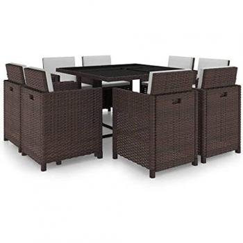 9-Piece Brown Poly Rattan Outdoor Dining Set with Cushions