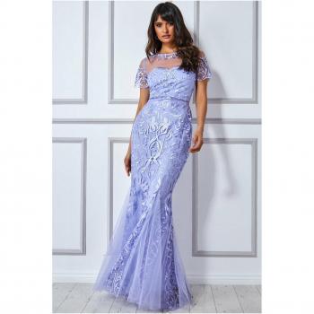Goddiva Mesh & Lace Maxi Dress with Scalloped Hem - Lilac
