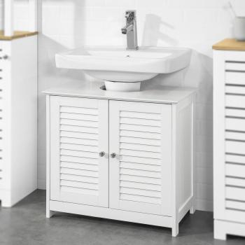 Mueble lavabo de baño SoBuy FRG237-II-W, Blanco, Armario de Baño de Suelo con 2 Estantes y 2 Puertas Correderas, Dimensiones: 60 x 35 x 58 cm