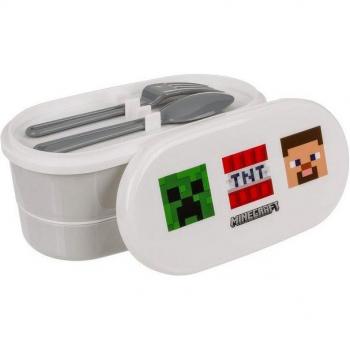 Fiambrera Minecraft con 2 Compartimentos y Cubiertos, Porta Meriendas Infantil, Color Negro y Verde, 15.5 x 8.5 x 9 cm
