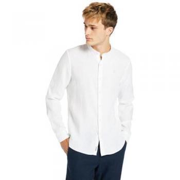 Timberland Men's Mill River Korean Collar Long Sleeve Linen Shirt - White, Size L