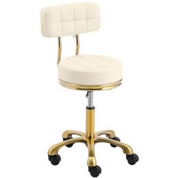 Taburete de peluquería con ruedas y respaldo, altura ajustable 51 - 66 cm, capacidad 150 kg, color beis/dorado