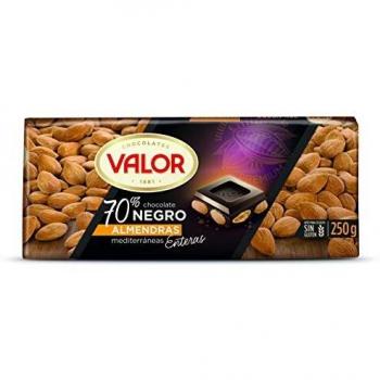 Valor - Chocolate Negro 70% con Almendras Mediterráneas Enteras. Chocolate Valor sin Gluten. e intenso Sabor. Apto para Celiacos - 250 Gramos