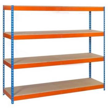 Estantería Metálica Industrial SimonRack 2000x2100x900 mm, 4 Estantes de Madera, Soporta 500 kg por Estante, Color Azul/Naranja/Madera
