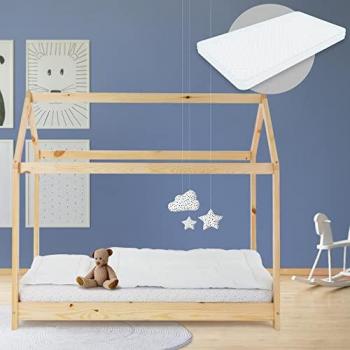 Cama Infantil Estilo Casa de Madera de Pino con Colchón Hipoalergénico 80x160 cm