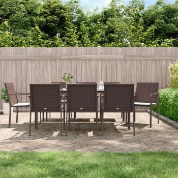 9-Piece Outdoor Dining Set with Cushions in Poly Rattan and Steel