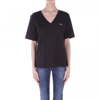 Camiseta Lacoste V Neck Relaxed Fit de algodón suave para mujer en color negro