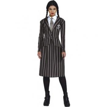 Disfraz de Niña Siniestra Colegial para mujer Guirca - incluye vestido corto con estampado de cuadros, blusa blanca, corbata roja, calcetas negras y maquillaje facial espeluznante