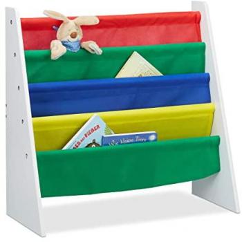 Librería Infantil Colorida con Organizador de Juguetes, Estante de MDF y Poliéster con 4 Compartimentos de Tela - Relaxdays