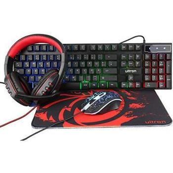 Ultron HAWK - Set de Gaming 4 en 1: Teclado QWERTZ, Ratón con 3200 DPI, Auriculares y Alfombrilla XXL con LED
