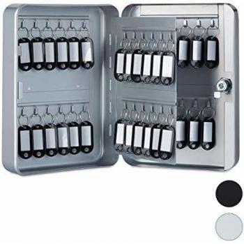 Caja para llaves metálica gris con cerradura, 48 ganchos y llaveros incluidos, 25 x 18 x 7,5 cm