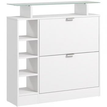Zapatero Moderno HOMCOM Blanco 89x25x92 cm con Cajones Abatibles, Estantes Ajustables y Estantes Abiertos para 12 Pares de Zapatos