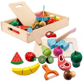 mysunny Frutas y Verduras Juguete para Cortar, Cocina Comida de Juguetes, Juguetes de Madera Accesorios Cocina para Niños, Comida Cocinar Simulación Juguetes Educativos para Niños y Niñas de 3+ años