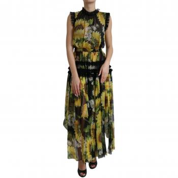 Dolce & Gabbana Black Sunflower A-line Pleated Maxi Dress - IT40|S, Maxi Dresses, female, Multicolor, Size: XS