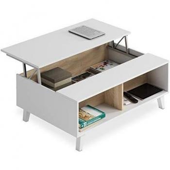 Habitdesign Mesa de Centro Elevable, Comedor Salón, Modelo Zaiken Plus, Color Blanco Brillo y Roble Canadian, Medidas: 100 cm