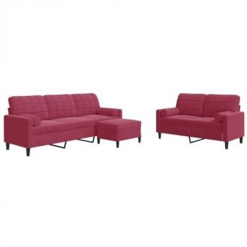 Juego de sofás 3 piezas terciopelo rojo tinto con almohadas y refuerzos