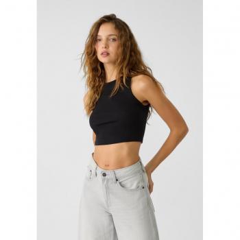 Stradivarius Basic Ribbed Black Crop Top XS