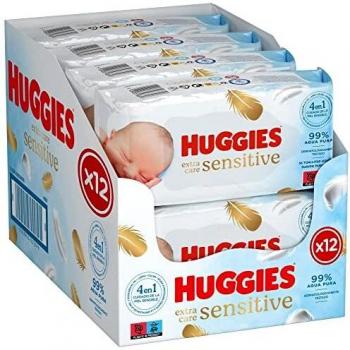 Toallitas Huggies Extra Care Sensitive, 672 Toallitas (12 Packs de 56), 99% Agua Pura, Cuidado 4 en 1 para Piel Sensible