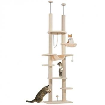 PawHut Árbol para Gatos de Suelo a Techo 225-255 cm Rascador para Gatos de 7 Niveles con Hamacas, Plataformas, Juguete de Cuerda y Bola de Jugu