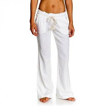 Roxy Oceanside Pantalón De Lino con Pata Ancha, Mujer, Blanco