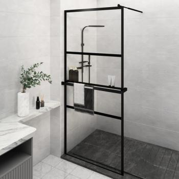 Mampara ducha con estante vidrio ESG y aluminio negro 100x195cm, modelo esmerilado, medio esmerilado, stone design