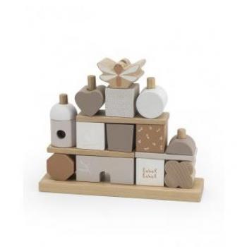 Casa de bloques apilables naturales con diseño en rosa y madera - A partir de 18 meses