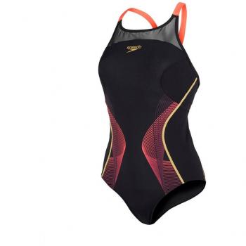 Speedo Bañador para mujer Fit Pinnacle xback, Negro / Rojo / Dorado, 36 FR