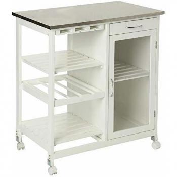 Isla de cocina blanca con ruedas y encimera de acero inoxidable Atmosphera - Mesa auxiliar blanca con bandeja de acero inoxidable créateur d'intérieur
