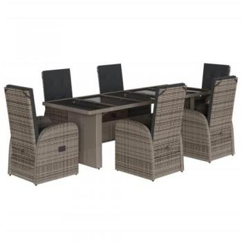 Set Comedor Jardín 7 Pzas y Cojines Ratán Sintético Gris