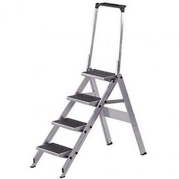 Escalera Plegable de Aluminio con Plataforma, 4 Escalas, Altura 920mm, con Base de Goma y Barandilla de Seguridad