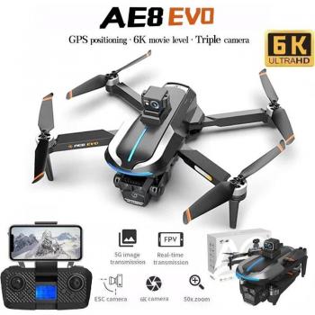 Drone Profesional AE8 sin Escobillas con Doble Cámara HD, Fotografía Aérea, GPS, WIFI FPV, Posicionamiento Inteligente y Evitación de Obstáculos - Quadcopter Juguete con 3 Baterías