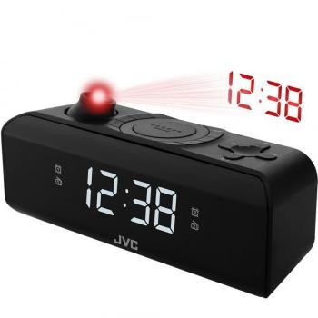 Radiobudzik JVC RA-E211B negro, radio despertador con sintonizador de FM/AM, pantalla LED, función de alarma dual, temporizador de apagado, entrada auxiliar y diseño compacto