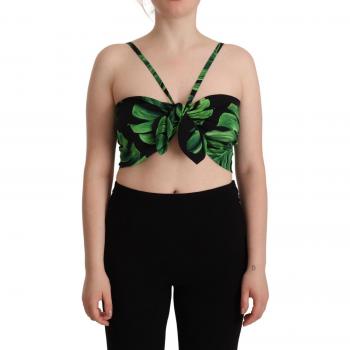 Dolce & Gabbana Black Green Leaf Silk Halter Cropped Top - IT48|XXL, Multicolor, Size: XL