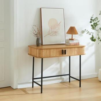 Mesa Consola Tvedestrand 100x50x76cm - Efecto Madera/Negro con 2 Puertas de Bambú