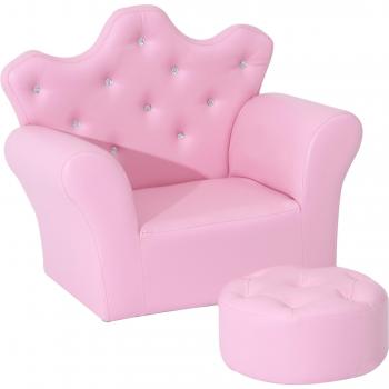 HOMCOM Sillón Infantil con Puff Rosa, Sofá para Niños Decorativo con Respaldo en Forma de Corona, Reposabrazos Acolchados y Taburete 58x40,5x49