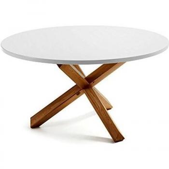 Kave Home - Mesa de Comedor Lotus Blanca Redonda Ø 135 cm de DM con Patas de Madera Maciza de Roble Macizo