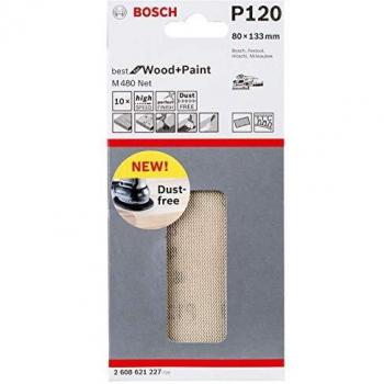 Bosch Professional 2608621227 Hojas de lija M480 Best for Wood and Paint, madera y pintura, grano P120, accesorios para lijadora orbital, 80 x 133 mm, 10 piesas